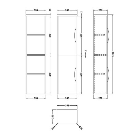PMP1463 Nuie Parade 350mm Satin Anthracite Wall Hung Tall Unit Line Drawing
