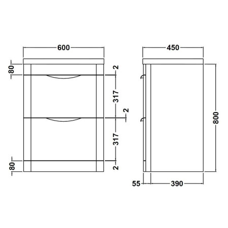 FPA001 Nuie Parade 600mm Gloss White Floor Standing Unit with Basin Line Drawing