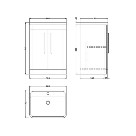 FPA010 Nuie Parade 600mm Gloss White Floorstanding Two Door Vanity Unit with Basin Line Drawing
