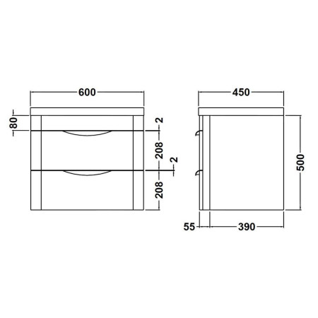FPA002 Nuie Parade 600mm Gloss White Wall Hung Unit With Basin Line Drawing
