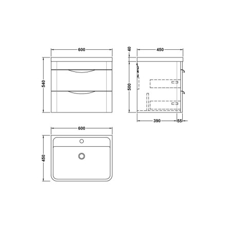 FPA1402 Nuie Parade 600mm Satin Anthracite Wall Hung Unit with Basin Line Drawing