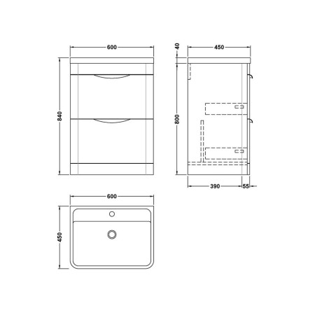 FPA801 Nuie Parade 600mm Satin Green Floor Standing Unit with Basin Line Drawing