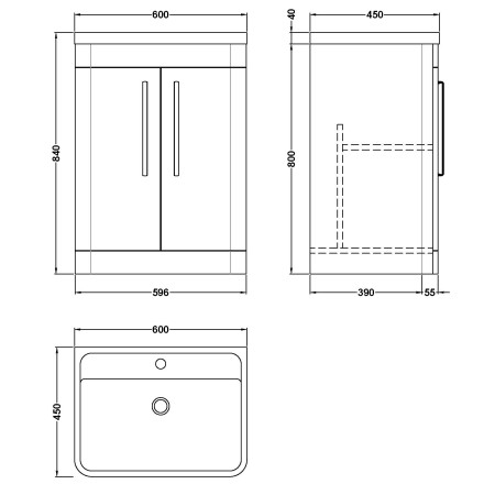 FPA810 Nuie Parade 600mm Satin Green Floorstanding Two Door Vanity Unit with Basin Line Drawing