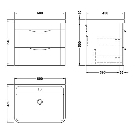 FPA802 Nuie Parade 600mm Satin Green Wall Hung Unit with Basin Line Drawing