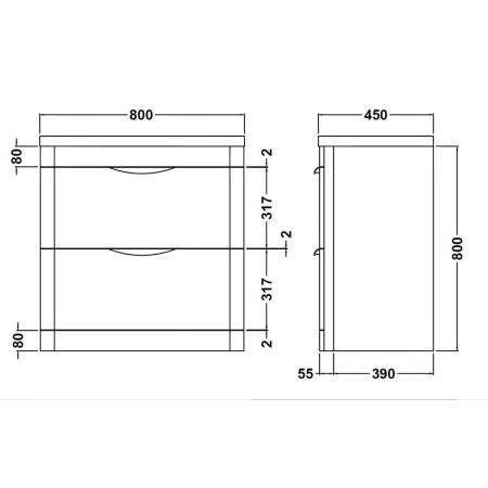 FPA004 Nuie Parade 800mm Gloss White Floor Standing Unit with Basin Line Drawing
