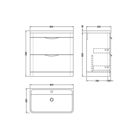 FPA1404 Nuie Parade 800mm Satin Anthracite Floor Standing Vanity Unit with Basin Line Drawing