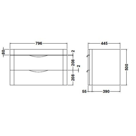 FPA005 Nuie Parade 800mm Gloss White Wall Hung Unit With Basin Line Drawing