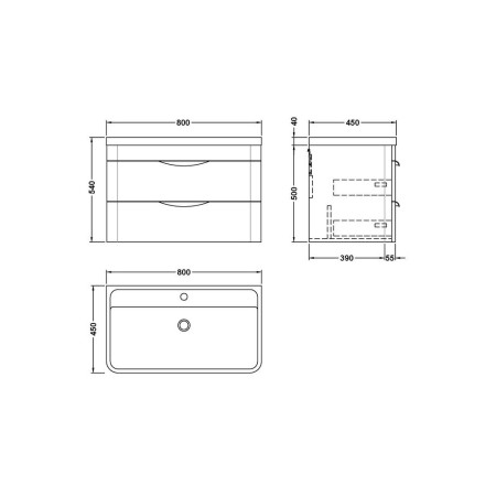 FPA1405 Nuie Parade 800mm Satin Anthracite Wall Hung Unit with Basin Line Drawing