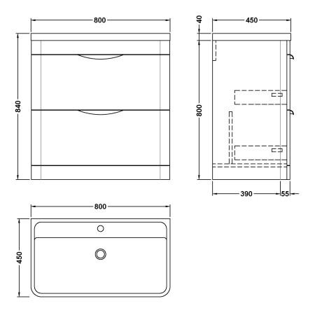 FPA804 Nuie Parade 800mm Satin Green Floor Standing Vanity Unit with Basin Line Drawing