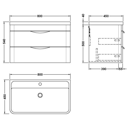 FPA805 Nuie Parade 800mm Satin Green Wall Hung Unit with Basin Line Drawing