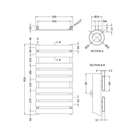 HL382 Nuie Piazza Chrome 950 x 500mm Heated Towel Radiator Line Drawing
