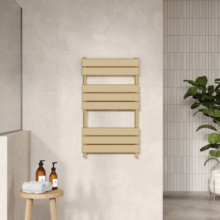 HL882 Nuie Piazza Square 840 x 500mm Flat Brushed Brass Towel Radiator Lifestyle