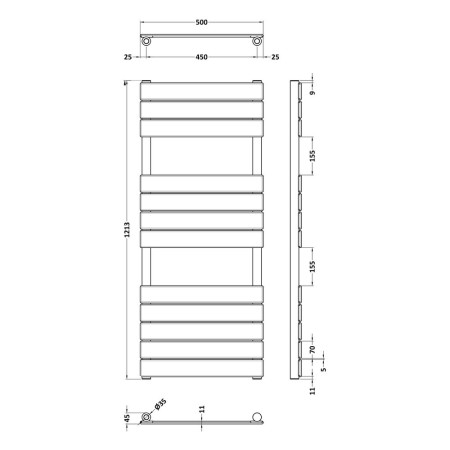 HL835 Nuie Piazza Square 1213 x 500mm Flat Brushed Brass Towel Radiator Line Drawing