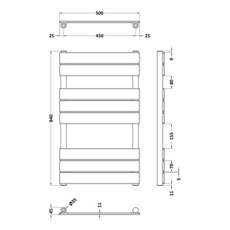 HL882 Nuie Piazza Square 840 x 500mm Flat Brushed Brass Towel Radiator Line Drawing