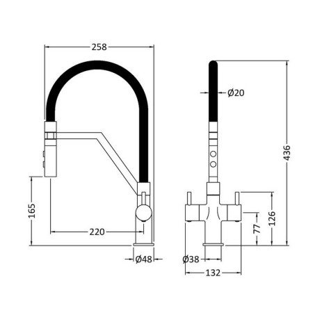 KRA805DL Nuie Ravi Mono Dual Lever Kitchen Tap in Brushed Brass Line Drawing