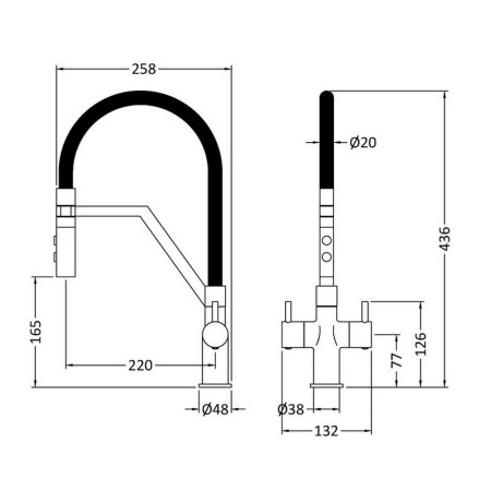 KRA605DL Nuie Ravi Mono Dual Lever Kitchen Tap in Brushed Nickel Line Drawing