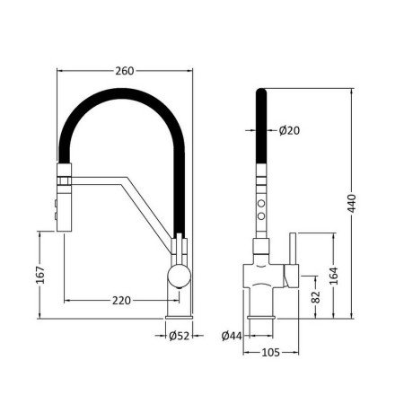 KRA405SL Nuie Ravi Mono Single Lever Kitchen Tap in Matt Black Line Drawing