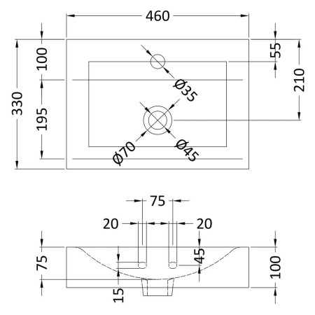 NBV002 Nuie Rectangular Countertop 460mm Basin Line Drawing