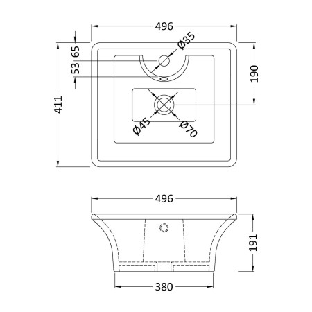 NBV005 Nuie Rectangular Countertop 480mm Basin Line Drawing