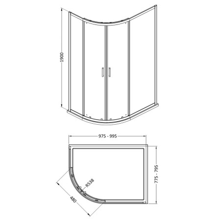 SMQU108BP-E6 Nuie Rene 1000 x 800mm Offset Quadrant Shower Enclosure in Matt Black Line Drawing