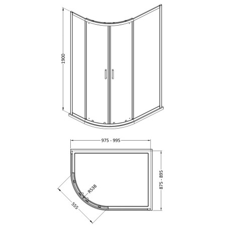 SMQU109-E6 Nuie Rene 1000 x 900mm Chrome Offset Quadrant Shower Enclosure Line Drawing