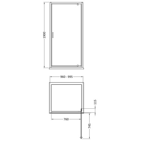 SMPD10-E6 Nuie Rene 1000mm Chrome Pivot Shower Door Line Drawing
