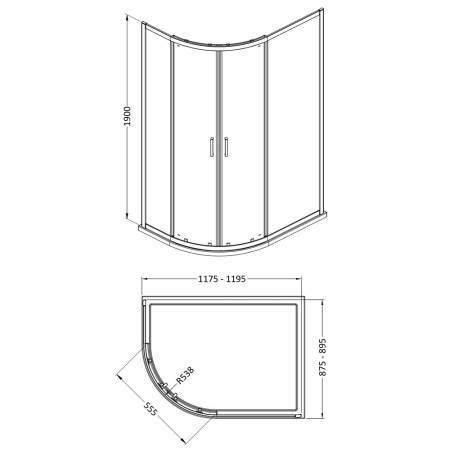 SMQU129BP-E6 Nuie Rene 1200 x 900mm Black Offset Quadrant Shower Enclosure Line Drawing