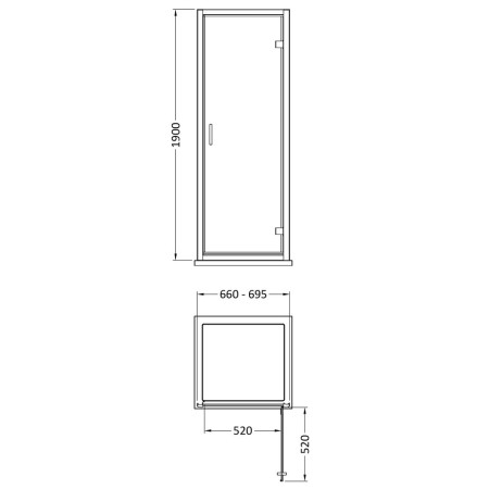 SMHD70BB-E6 Nuie Rene 700mm Hinged Shower Door in Brushed Brass Line Drawing