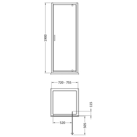 SMPD76BB-E6 Nuie Rene 760mm Brushed Brass Pivot Shower Door Line Drawing