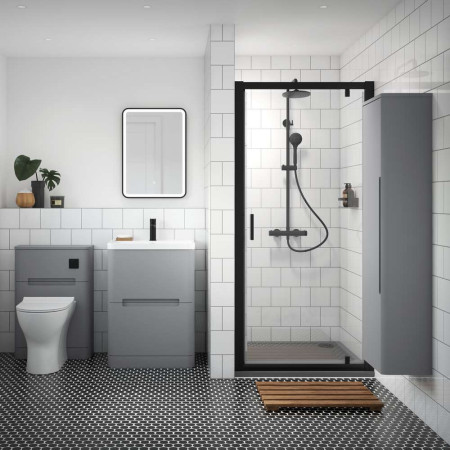 Nuie Rene 760mm Pivot Shower Door in Satin Black Lifestyle