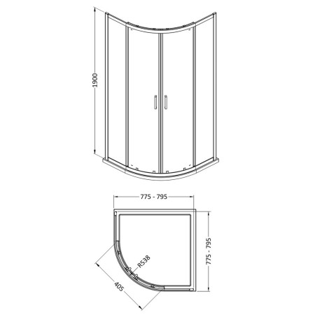 SMQU8-E6 Nuie Rene 800mm Quadrant Shower Enclosure in Chrome Line Drawing