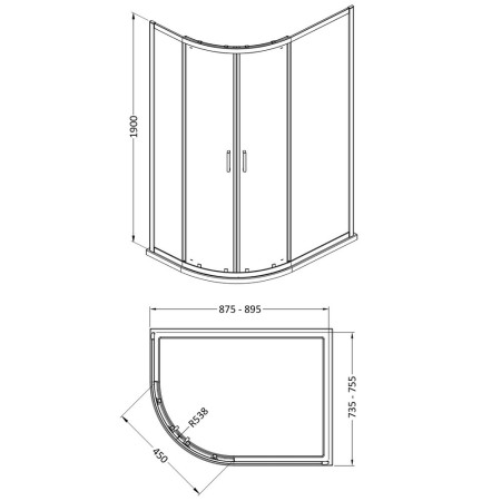 SMQU769-E6 Nuie Rene 900 x 760mm Chrome Offset Quadrant Shower Enclosure Line Drawing