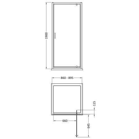 SMPD90BB-E6 Nuie Rene 900mm Brushed Brass Pivot Shower Door Line Drawing