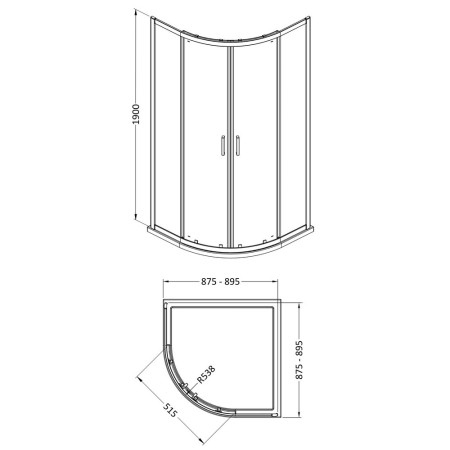 SMQU9BB-E6 Nuie Rene 900mm Quadrant Shower Enclosure in Brushed Brass Line Drawing