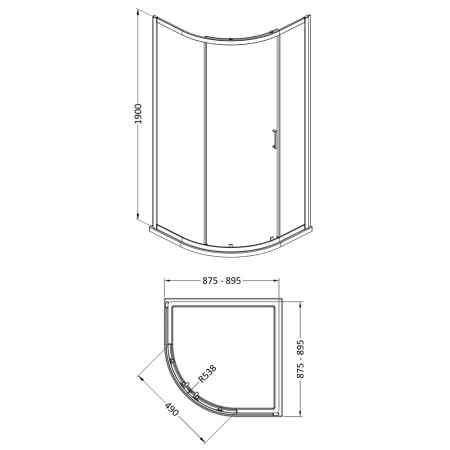 SMQ9E1-E6 Nuie Rene 900mm Single Entry Chrome Quadrant Shower Enclosure Line Drawing