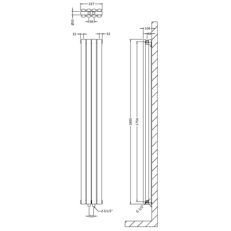 HRE007 Nuie Revive Compact Vertical Gloss White 1800 x 236mm Radiator Double Panel Line Drawing