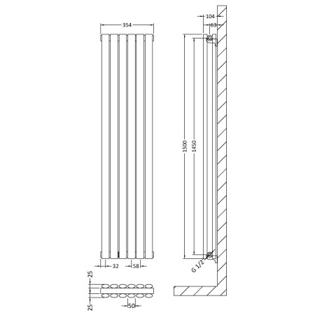 HLA76 Nuie Revive Vertical Anthracite 1500 x 354mm Radiator Double Panel Line Drawing