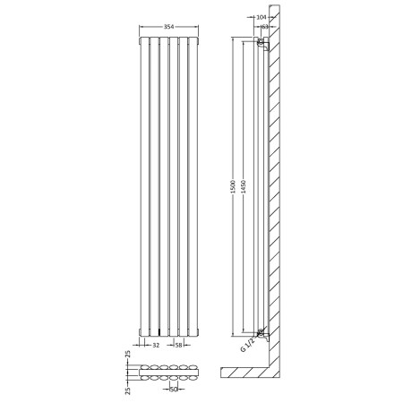HLA77 Nuie Revive Vertical Anthracite 1800 x 354mm Radiator Double Panel Line Drawing