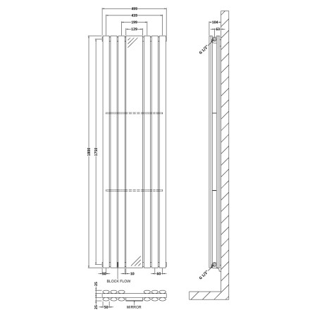 HLA79 Nuie Revive Vertical Anthracite 1800 x 499mm Radiator Double Panel With Mirror Line Drawing