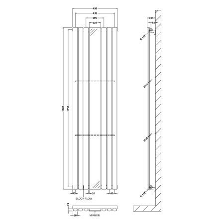 HLA78 Nuie Revive Vertical Anthracite 1800 x 499mm Radiator Single Panel With Mirror Line Drawing