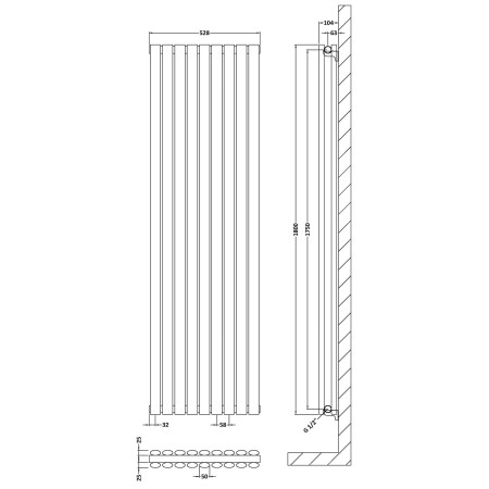 HLA81 Nuie Revive Vertical Anthracite 1800 x 528mm Radiator Double Panel Line Drawing