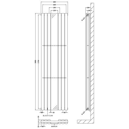 HL331 Nuie Revive Vertical Gloss White 1800 x 499mm Radiator Double Panel With Mirror Line Drawing