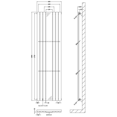 HL330 Nuie Revive Vertical Gloss White 1800 x 499mm Radiator Single Panel With Mirror Line Drawing