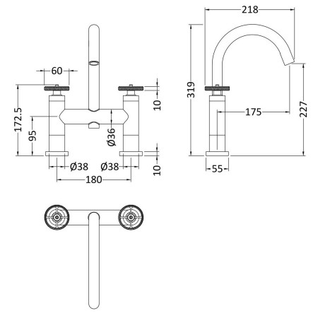 TIW853 Nuie Revolution Brushed Brass Bath Filler Dimensions