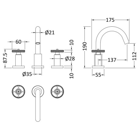 TIW337 Nuie Revolution Chrome 3TH Basin Mixer with Waste Dimensions