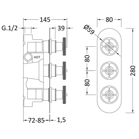 SIWTR803 Nuie Revolution Industrial Triple Shower Valve with Diverter in Brushed Brass Dimensions