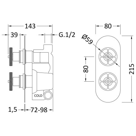 SIWTW802 Nuie Revolution Industrial Twin Shower Valve with Diverter in Brushed Brass Dimensions