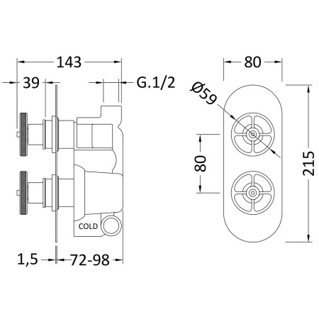SIWTW401 Nuie Revolution Industrial Twin Thermostatic Shower Valve in Matt Black Dimensions