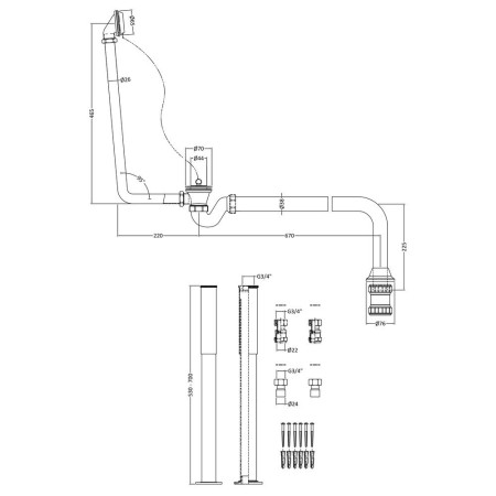 EA368 Nuie Roll Top Bath Pack Line Drawing