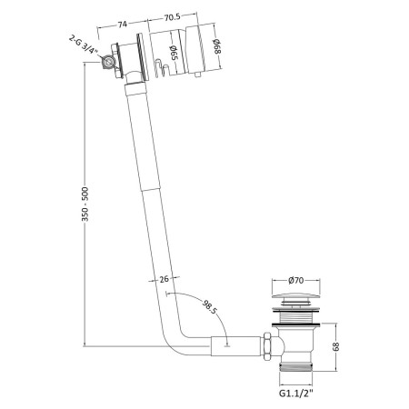 E801 Nuie Round Brushed Brass Single Lever Freeflow Bath Filler Line Drawing